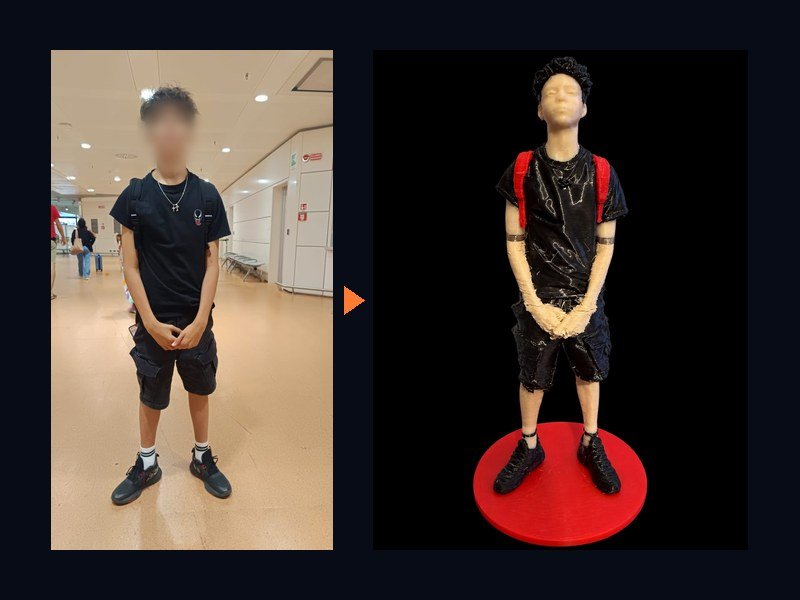 Foto de una persona con la cara difuminada junto a la figura impresa en 3D a partir de ella, hecha en Dena3D en Irún