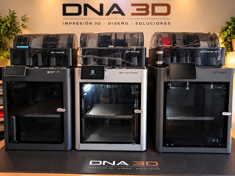 Mis tres impresoras Bambu Lab (P1S, X1 Carbon y X2D) en el taller Dena3D de Irún