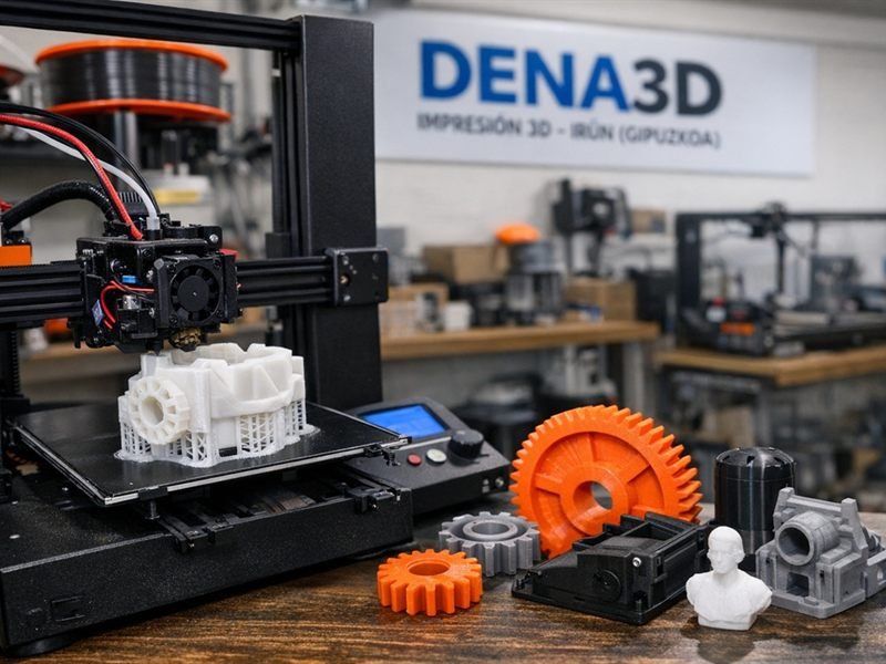 Impresora 3D en funcionamiento junto a engranajes y piezas técnicas en el taller Dena3D de Irún